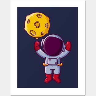 Cute Astronaut Flying with Moon Balloon Cartoon Posters and Art